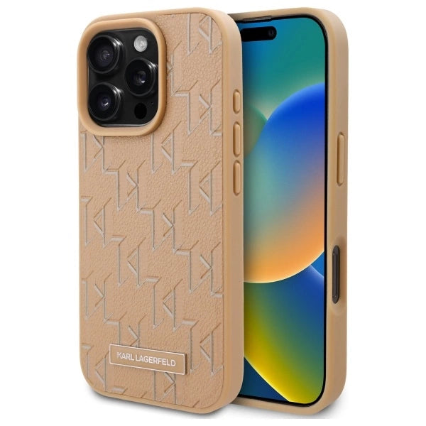 Karl Lagerfeld Leather Monogram Metal Logo MagSafe iPhone 16 Pro Case - Beige_0