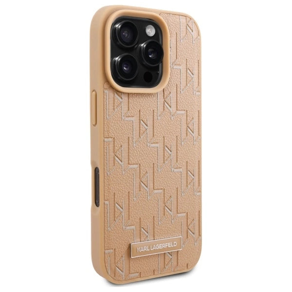 Karl Lagerfeld Leather Monogram Metal Logo MagSafe iPhone 16 Pro Case - Beige_3