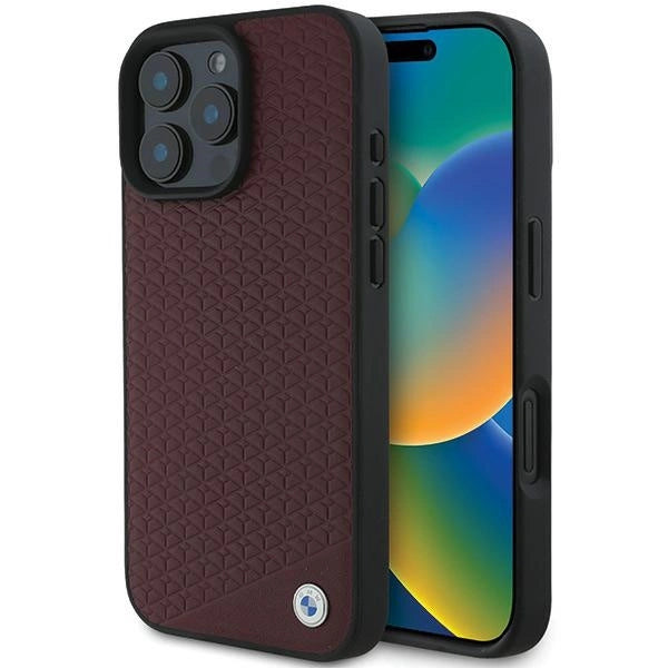 BMW Sign Leather Diamond Metal Logo MagSafe Case for iPhone 16 Pro Max - Red_0