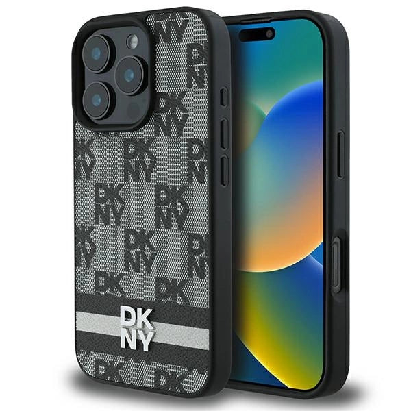 DKNY Checkered Pattern & Printed Stripes case for iPhone 16 Pro - black_0