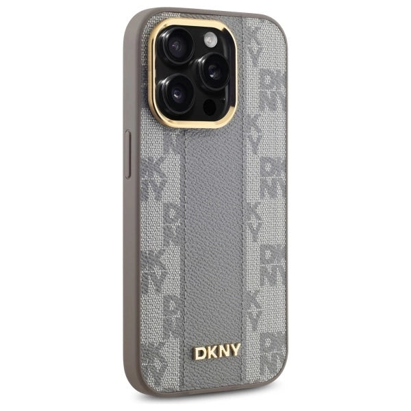 DKNY Leather Checkered Mono Pattern MagSafe iPhone 14 Pro Case - Beige_3
