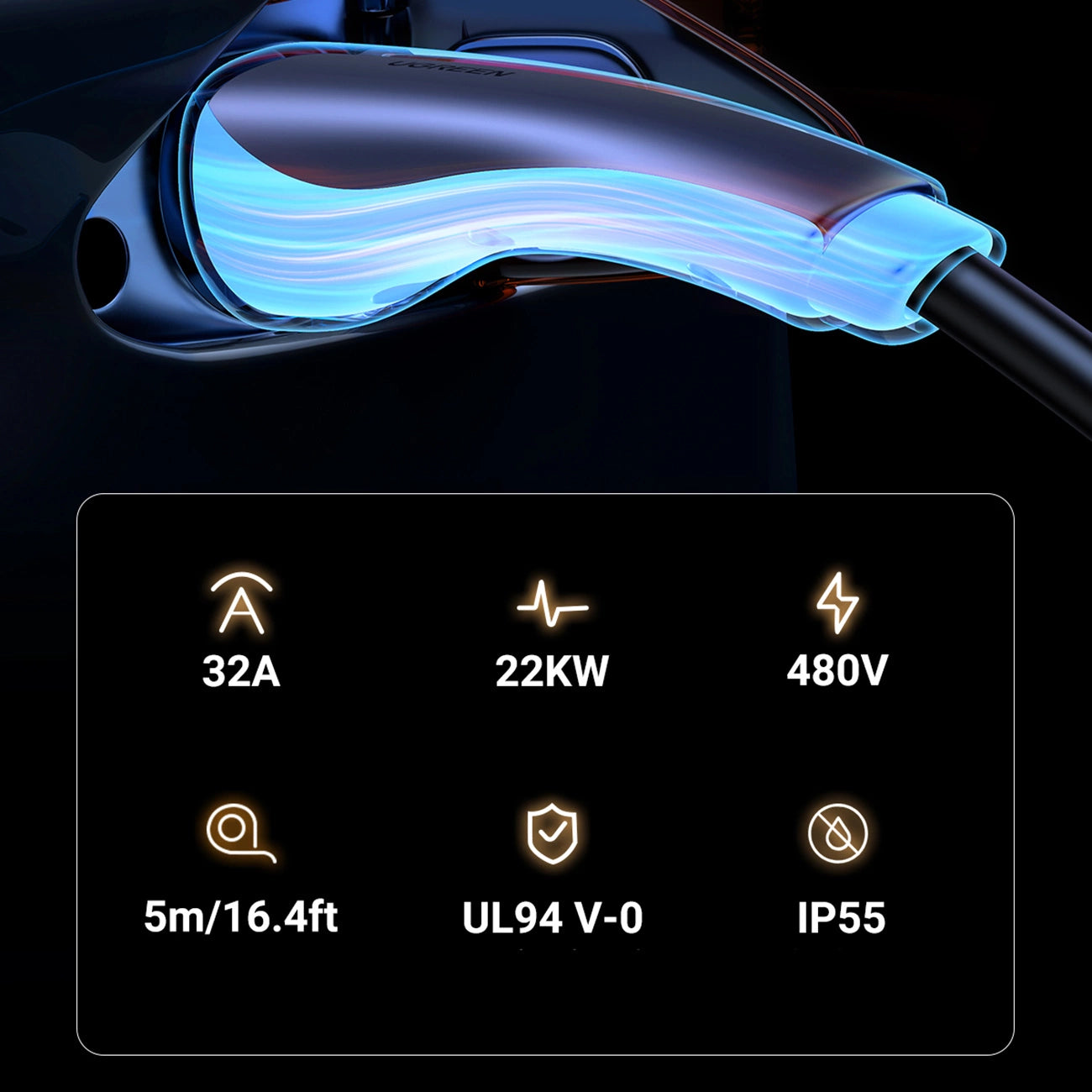 Ugreen EV708 32A 22kW 5m IP55 Electric Car Charging Cable - Black_3