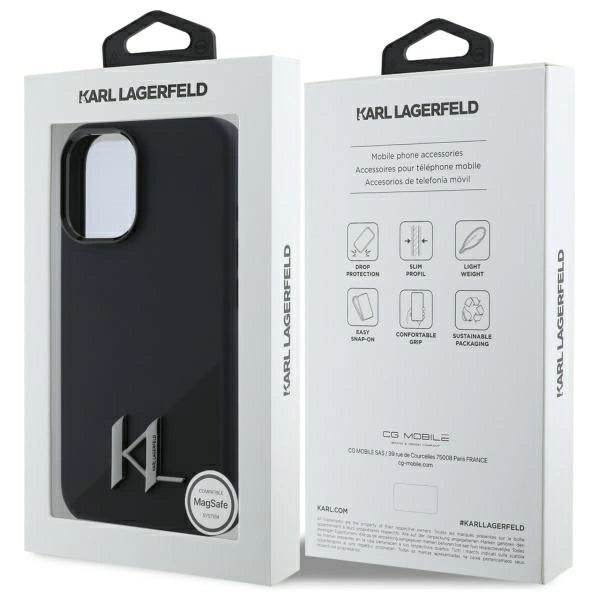 Karl Lagerfeld Silicone Shadow Metal Initial MagSafe iPhone 16 Case - Black_7