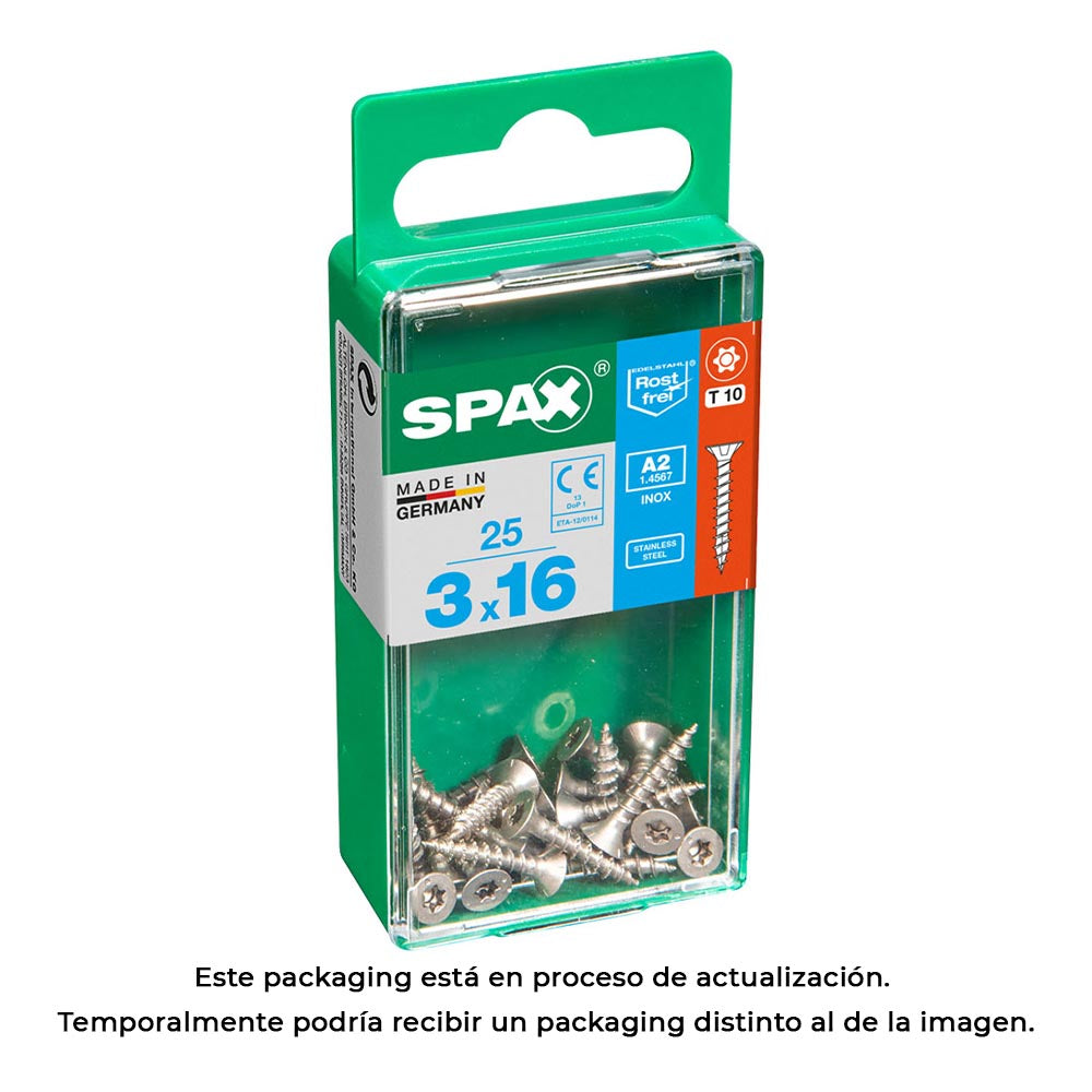 Caixa 25 unid. parafuso madeira spax cabeza plana inox a2 3,0x16mm spax_0