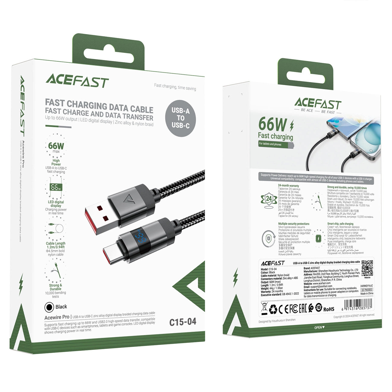 Acefast C15-04 USB-A - USB-C Cable with Display 480Mb/s 66W 1.2m - Black_4