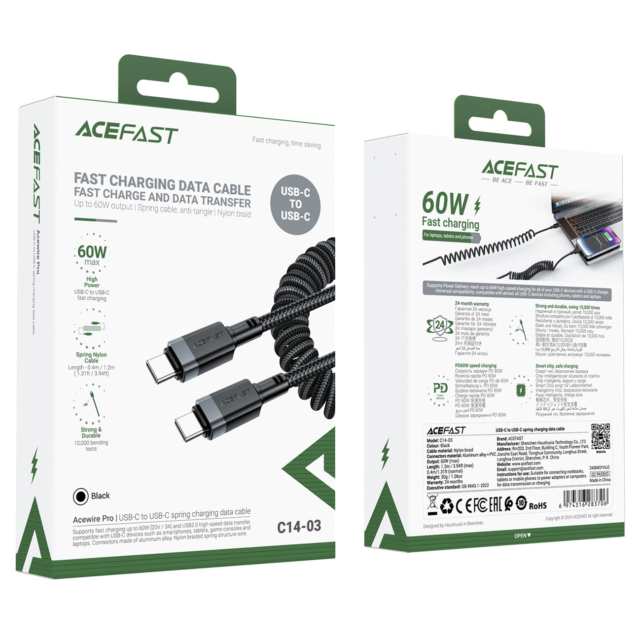Acefast C14-03 USB-C - USB-C Spring Cable 480Mb/s 3A 1.2m - Black_4