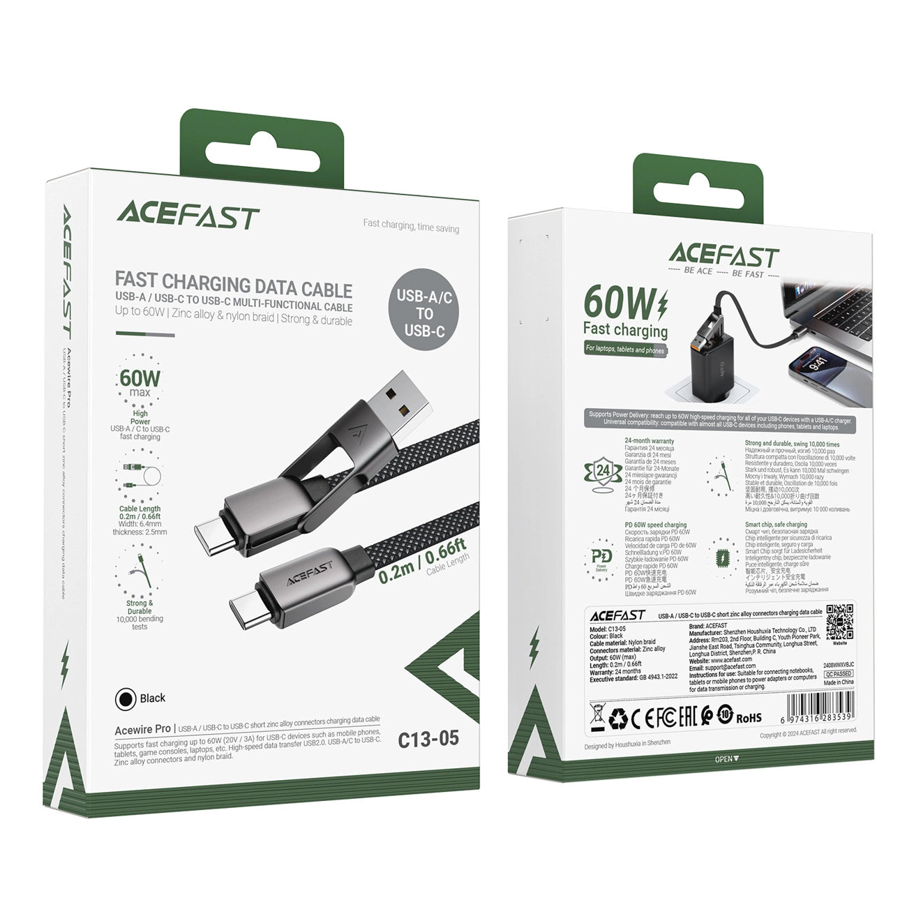 Acefast C13-05 USB-C - USB-A / USB-C Cable 480Mb/s 3A 0.2m - Black_7