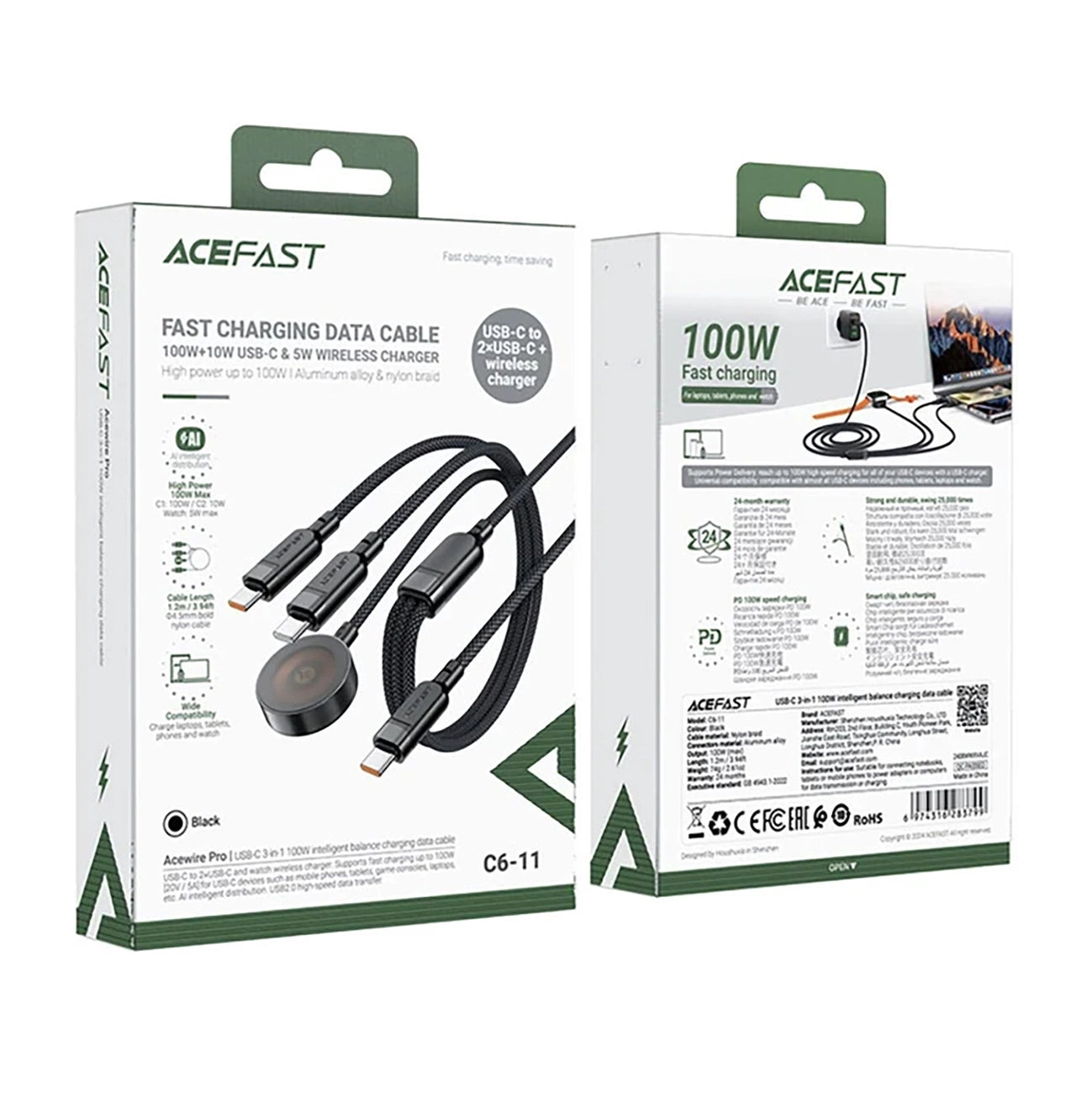 Acefast C6-11 USB-C 3in1 Cable - 2x USB-C / Qi 480Mb/s 100W 1.2m - black_4