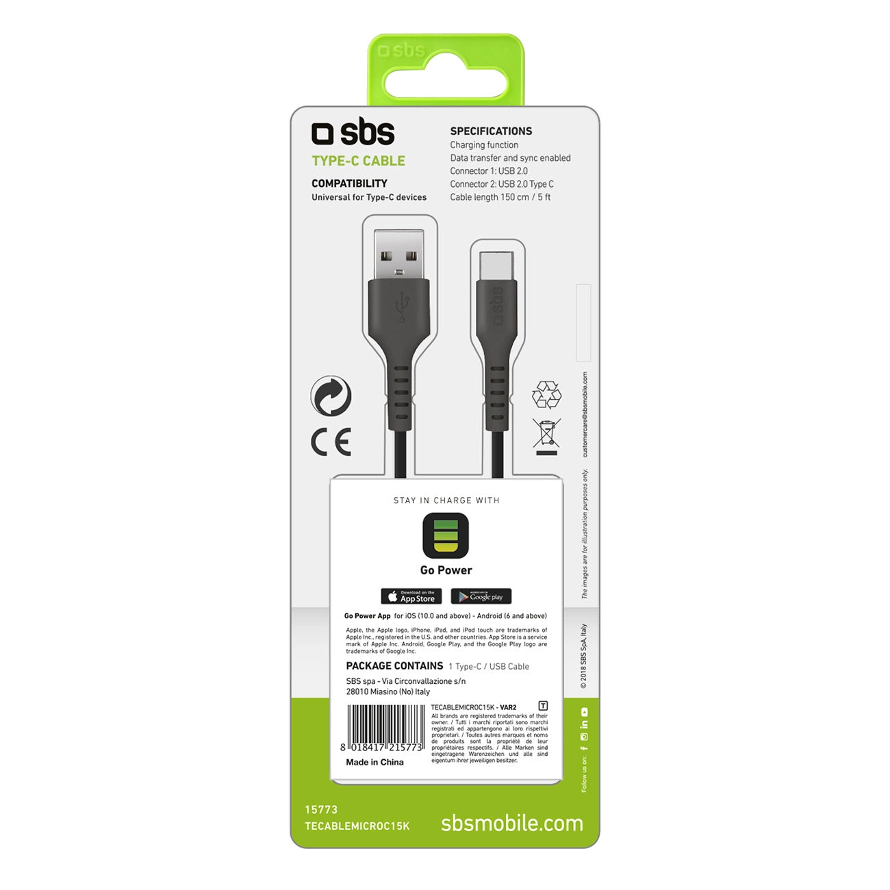 SBS TECABLEMICROC15K USB-A - USB-C Cable 1.5m - Black_1