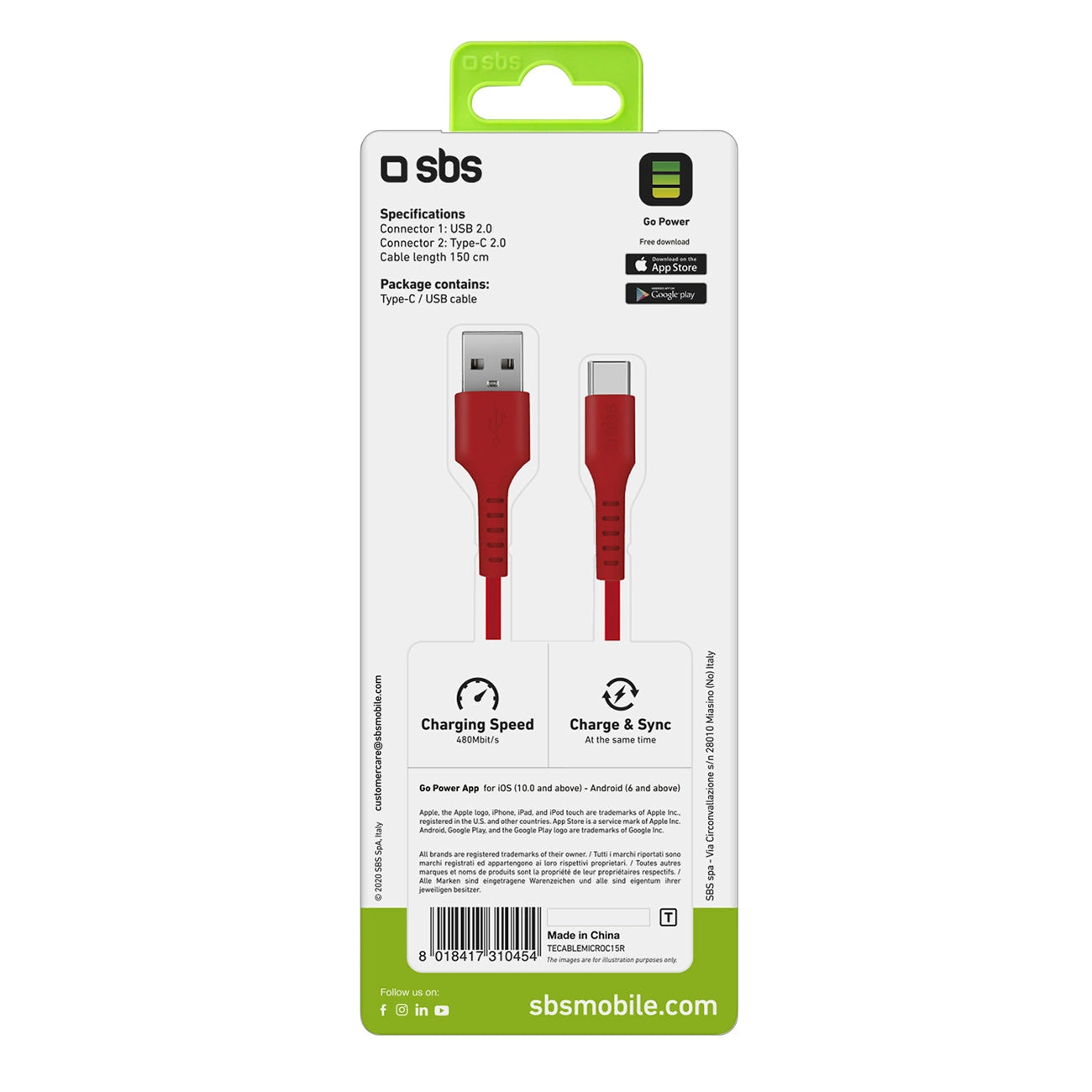 SBS TECABLEMICROC15R USB-A - USB-C Cable 1.5m - Red_2