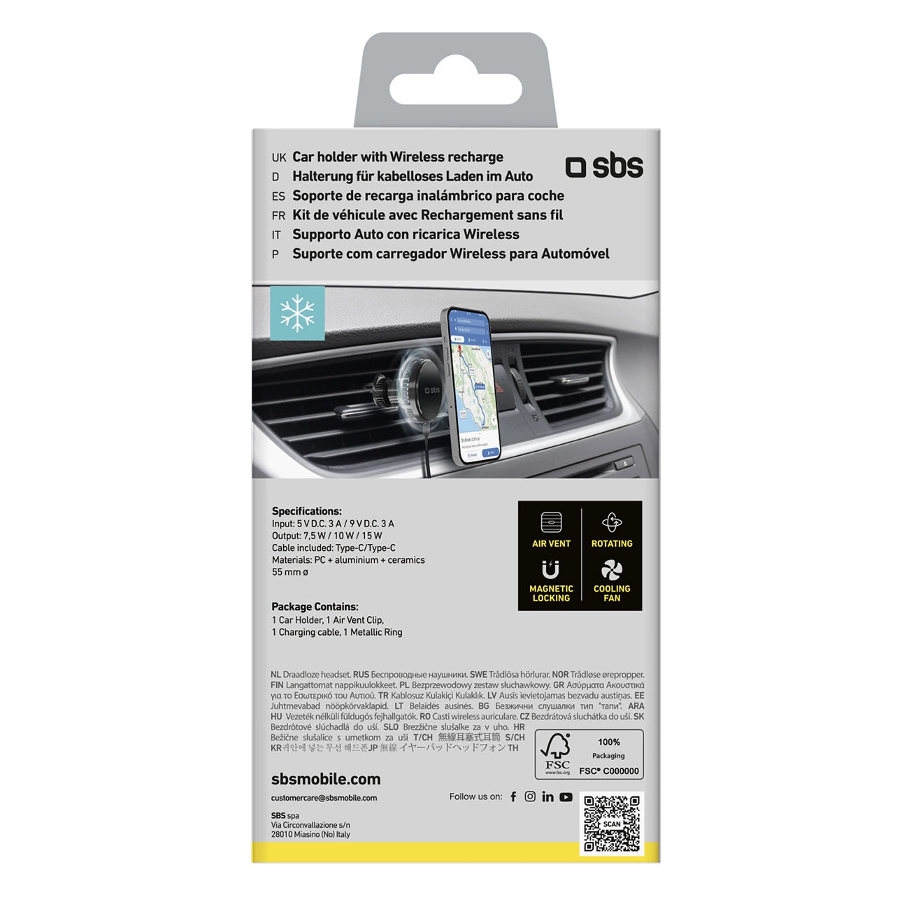 Smartphone holder with inductive charger SBS TESUPFANWIR15W 15W for air vent, with cooling - black_1