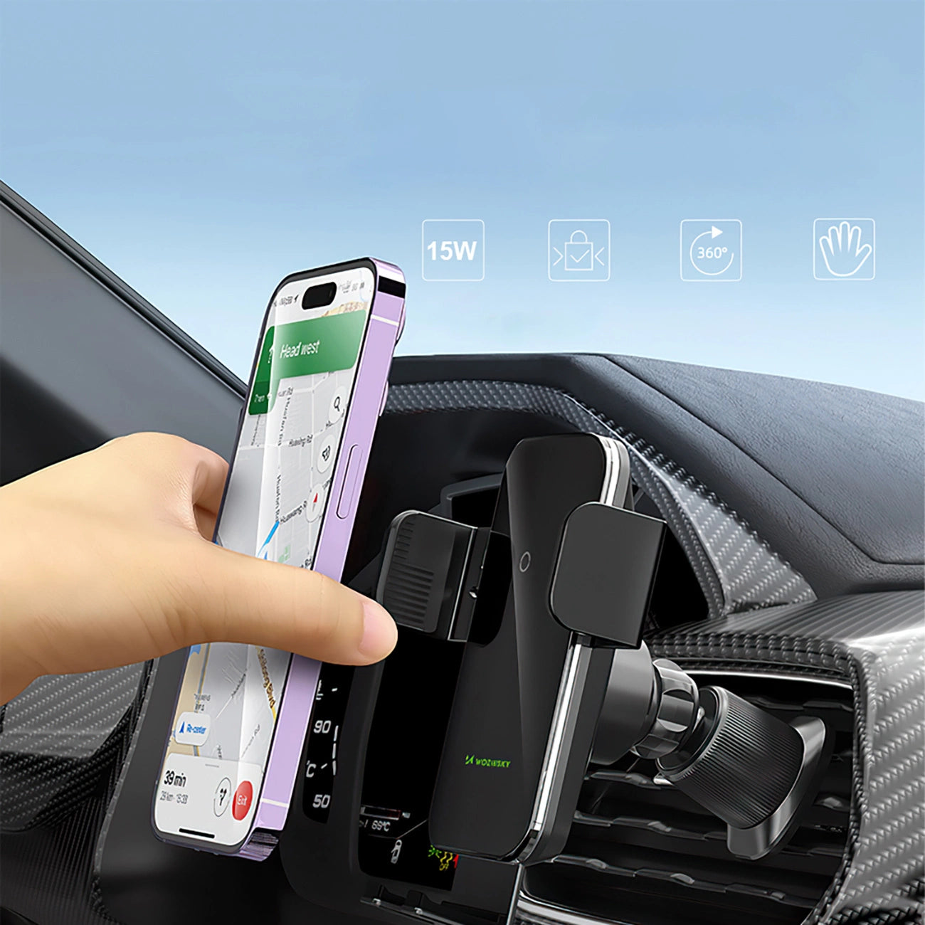 Wozinsky WEDZ-3Y8S clamp car holder with 15W inductive charger for phone on the air vent - black_6