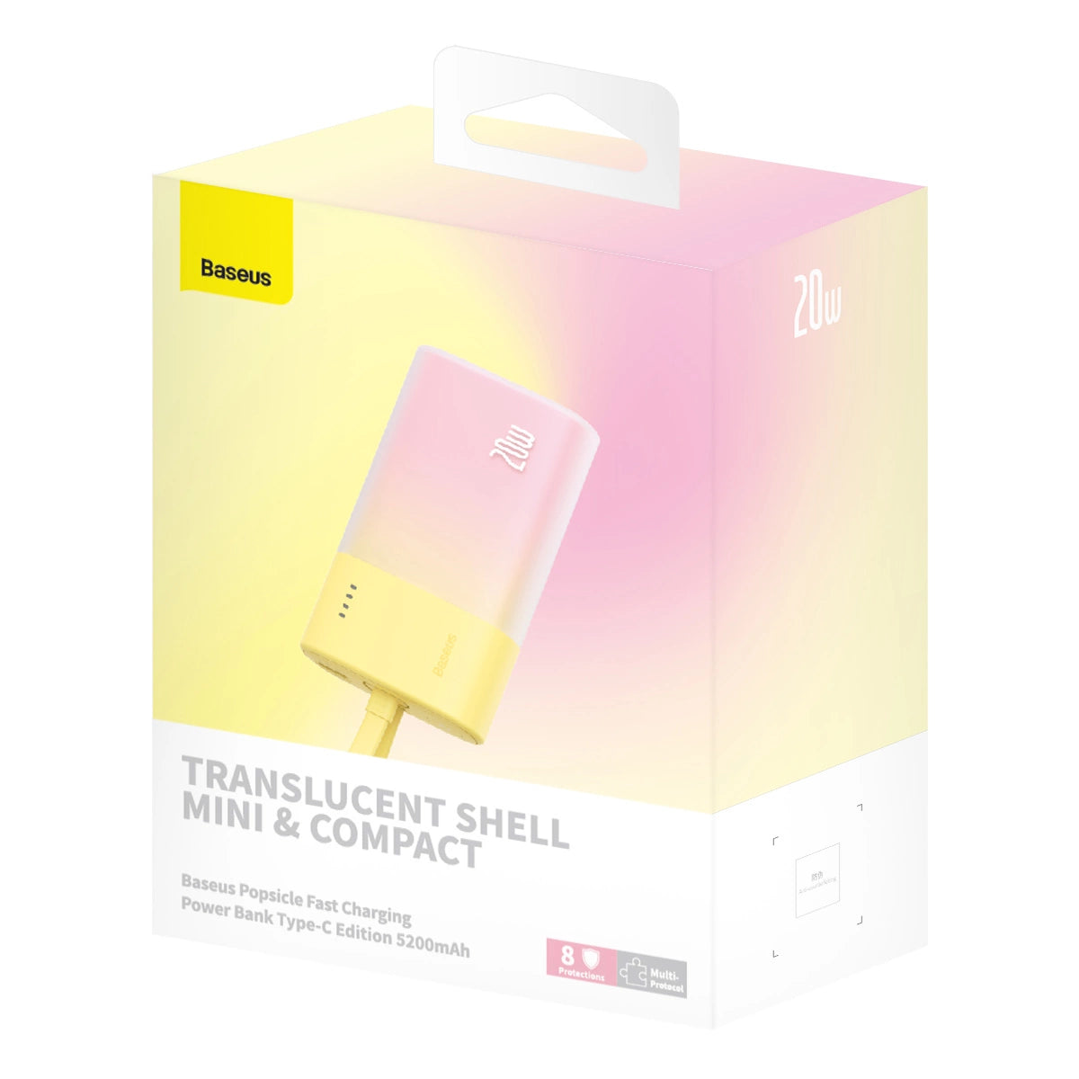 Baseus Popsicle 5200mAh 20W Powerbank with Built-in Lightning Cable (+ White Baseus Simple USB-C - USB-C 60W/20V/3A/30cm Cable) - Yellow-Pink_10