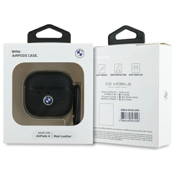 BMW BMA4SSLBK AirPods 4 cover black/black Geniune Leather Silver Logo_2