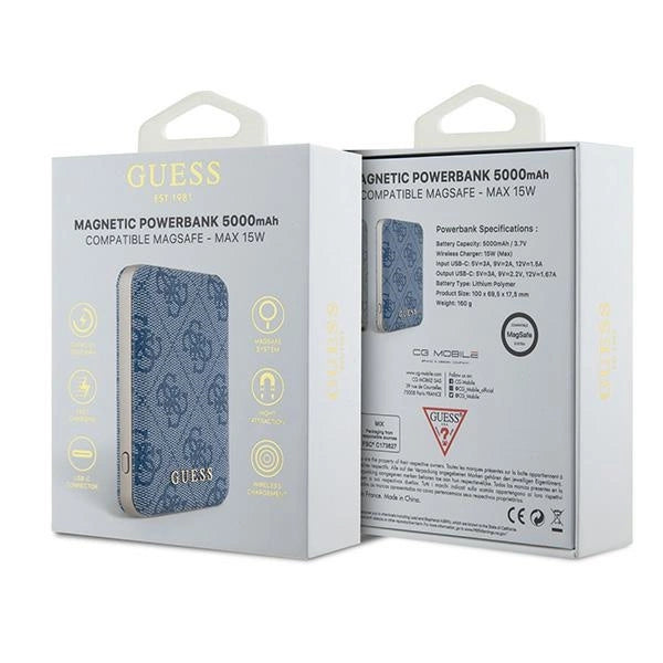 Guess Powerbank inductive 15W GUPB5FP4EMGB 5000mAh blue/blue 4G Leather Metal Logo MagSafe_3
