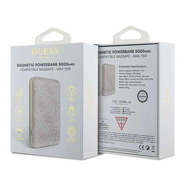 Guess Powerbank inductive 15W GUPB5FP4EMGP 5000mAh pink/pink 4G Leather Metal Logo MagSafe_3