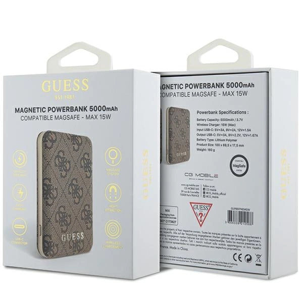 Guess Powerbank inductive 15W GUPB5FP4EMGW 5000mAh brown/brown 4G Leather Metal Logo MagSafe_3