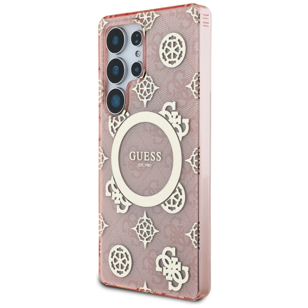 Guess 4G Background Gold Electroplated Peony Pattern MagSafe Case for Samsung Galaxy S25 Ultra Pink_1