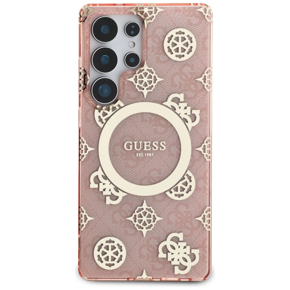 Guess 4G Background Gold Electroplated Peony Pattern MagSafe Case for Samsung Galaxy S25 Ultra Pink_2