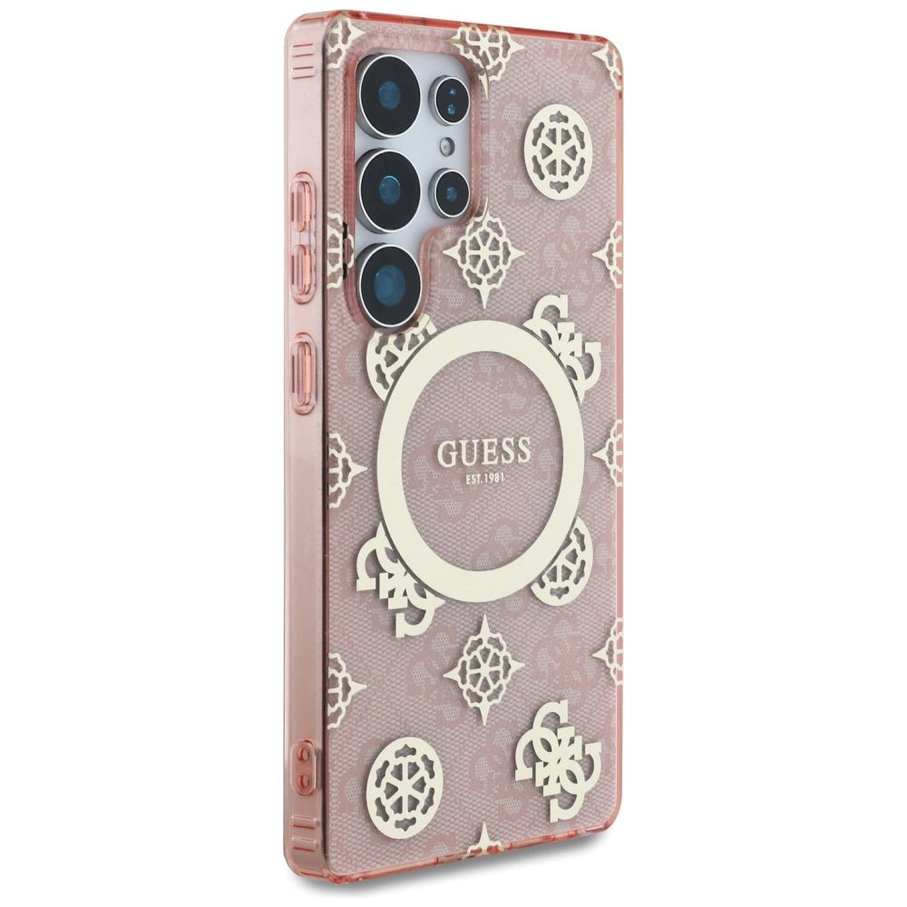 Guess 4G Background Gold Electroplated Peony Pattern MagSafe Case for Samsung Galaxy S25 Ultra Pink_3