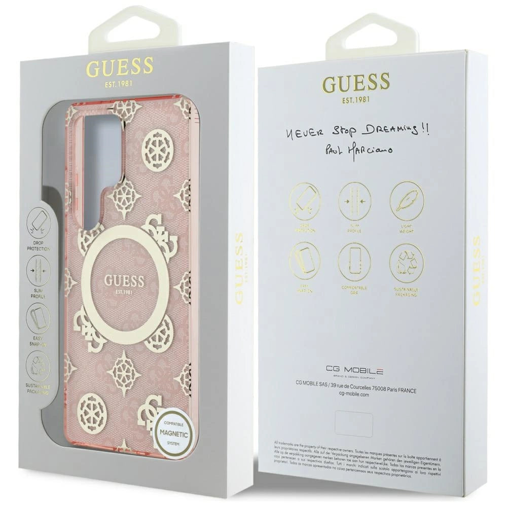Guess 4G Background Gold Electroplated Peony Pattern MagSafe Case for Samsung Galaxy S25 Ultra Pink_7