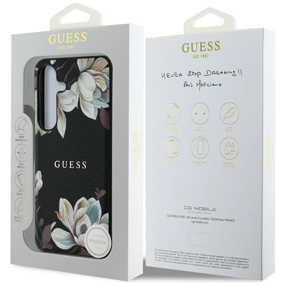 Guess Grained Printed Flower Pattern MagSafe case for Samsung Galaxy S25 black_7