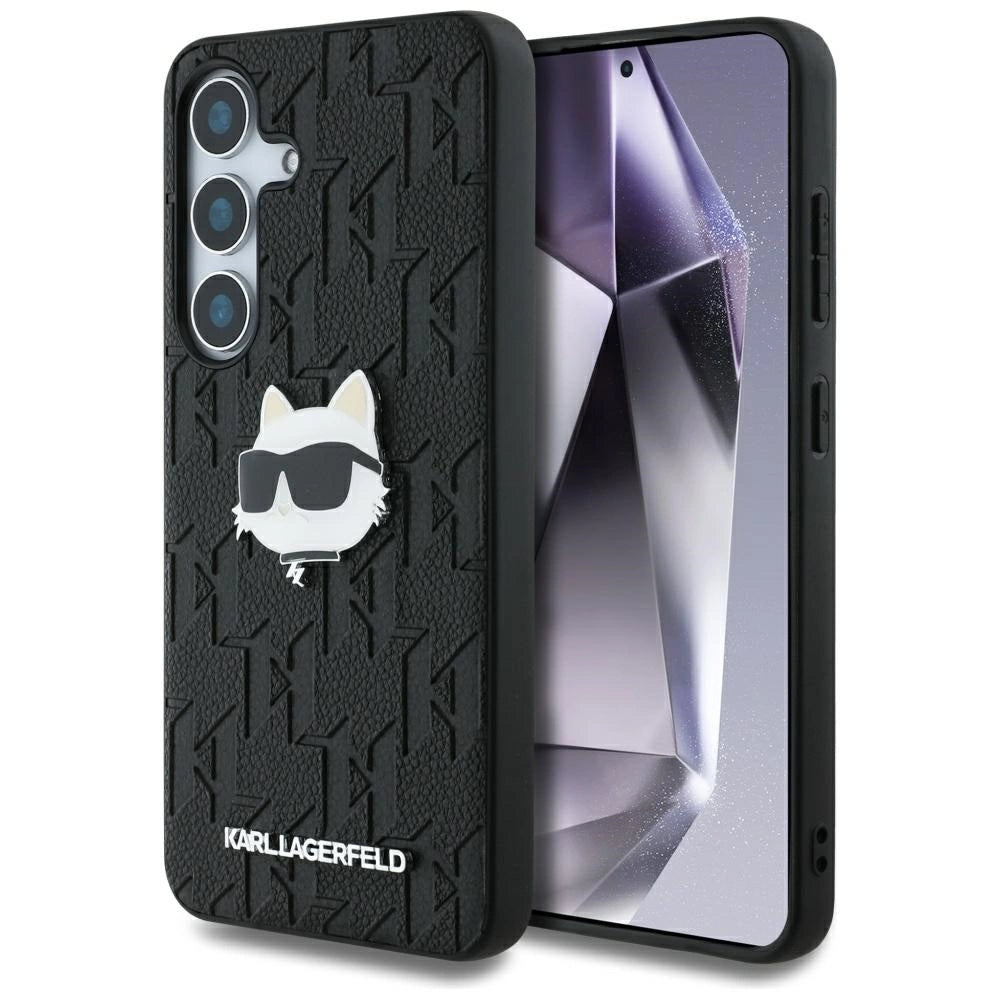 Karl Lagerfeld Leather Monogram Pin Logo Choupette Head Samsung Galaxy S25 Case Black_0