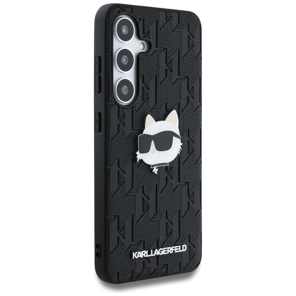 Karl Lagerfeld Leather Monogram Pin Logo Choupette Head Samsung Galaxy S25 Case Black_3