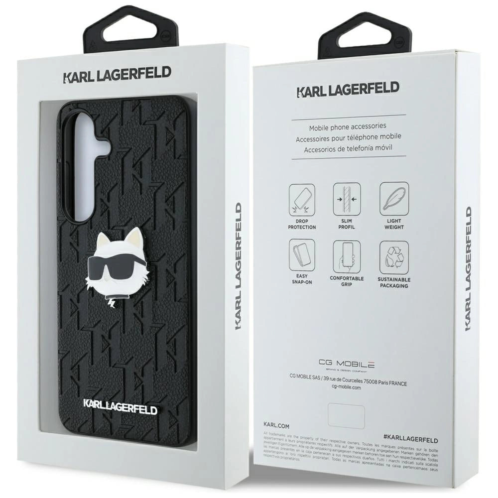 Karl Lagerfeld Leather Monogram Pin Logo Choupette Head Samsung Galaxy S25 Case Black_7