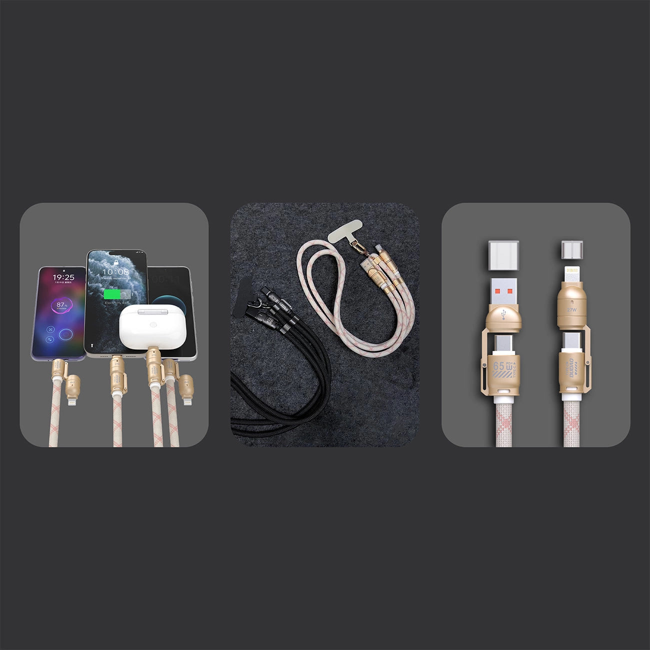 Dudao L20MAX 4in1 Cable / Lanyard USB-A / USB-C / Lightning PD QC 65W 1.5m - Pink_1