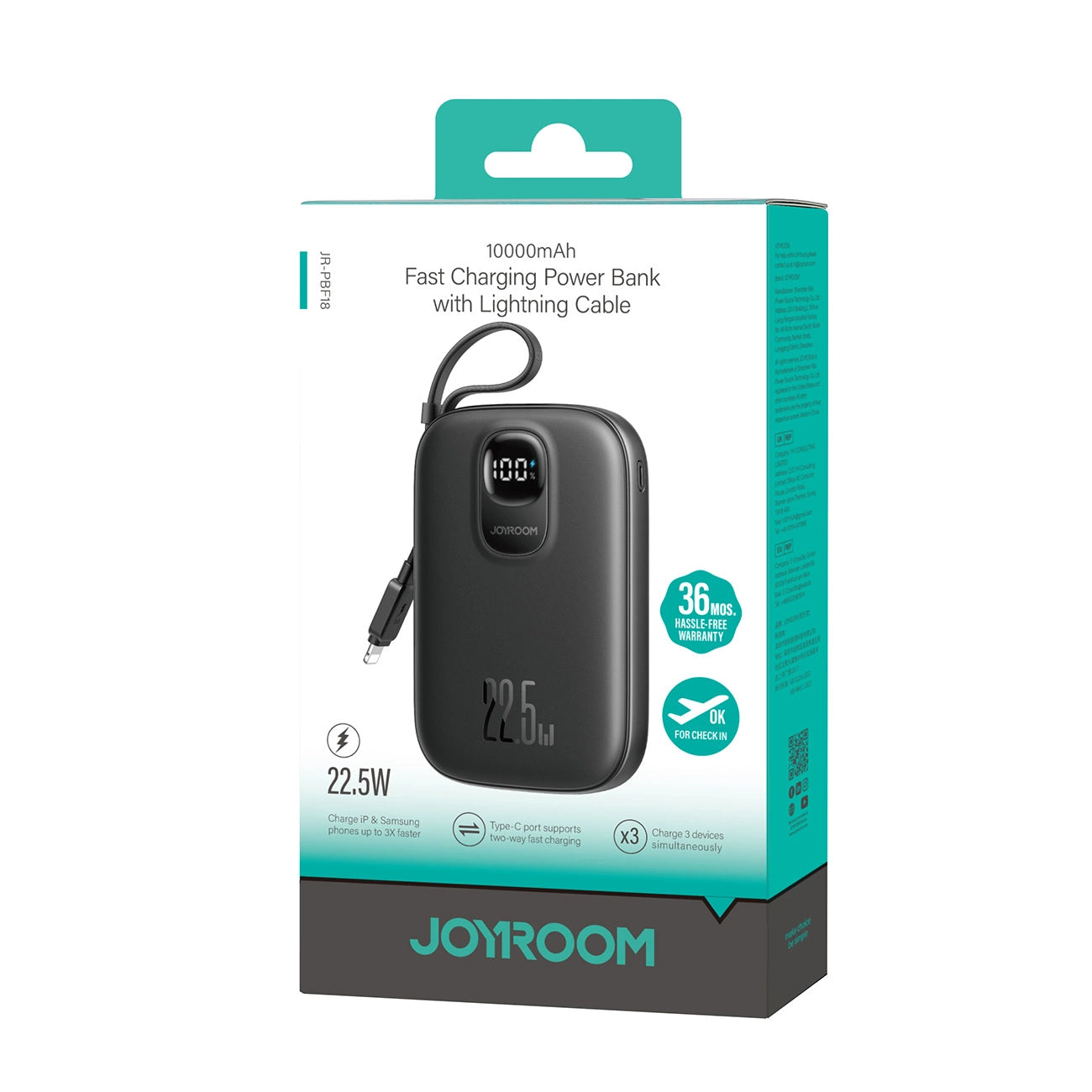 Joyroom JR-PBF18 22.5W 10000mAh Powerbank with Built-in Lightning Cable + USB-C Cable 0.25 cm - Black_2
