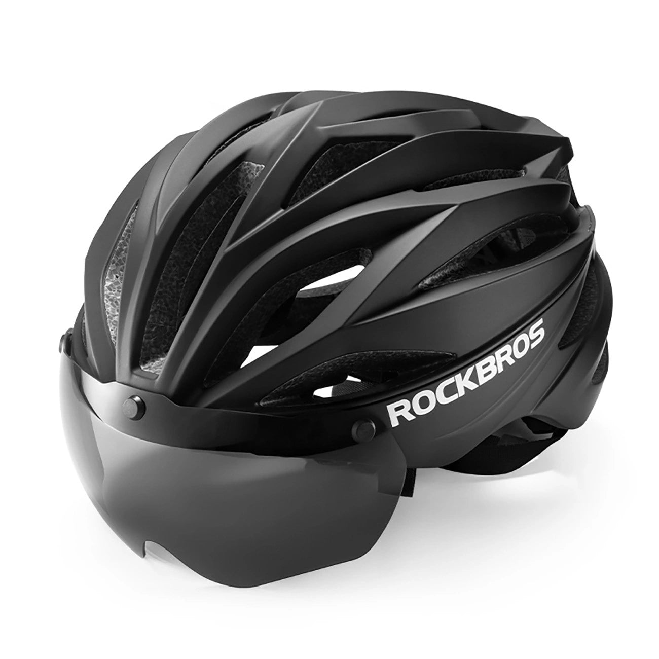 Rockbros Bike Helmet with Visor, Detachable UV Protective Goggles, Unisex - Black_0