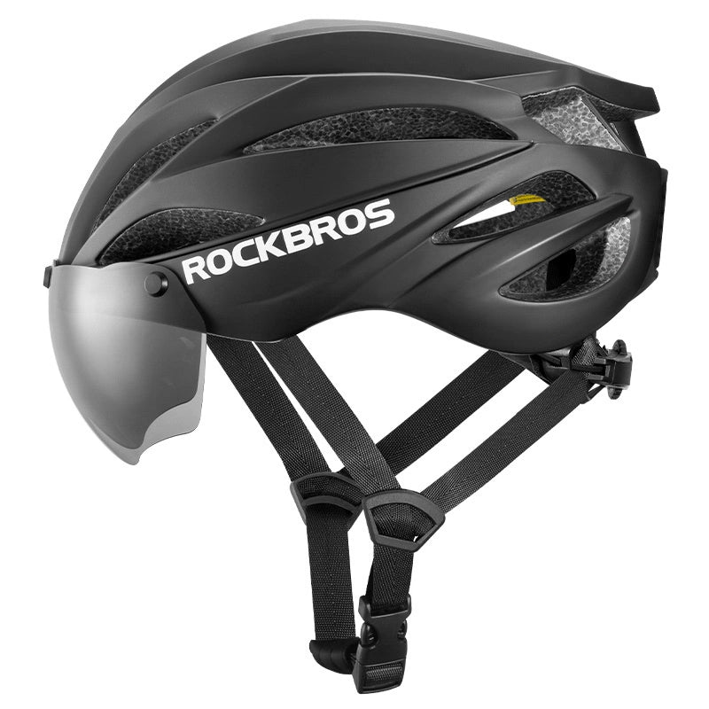 Rockbros Bike Helmet with Visor, Detachable UV Protective Goggles, Unisex - Black_1