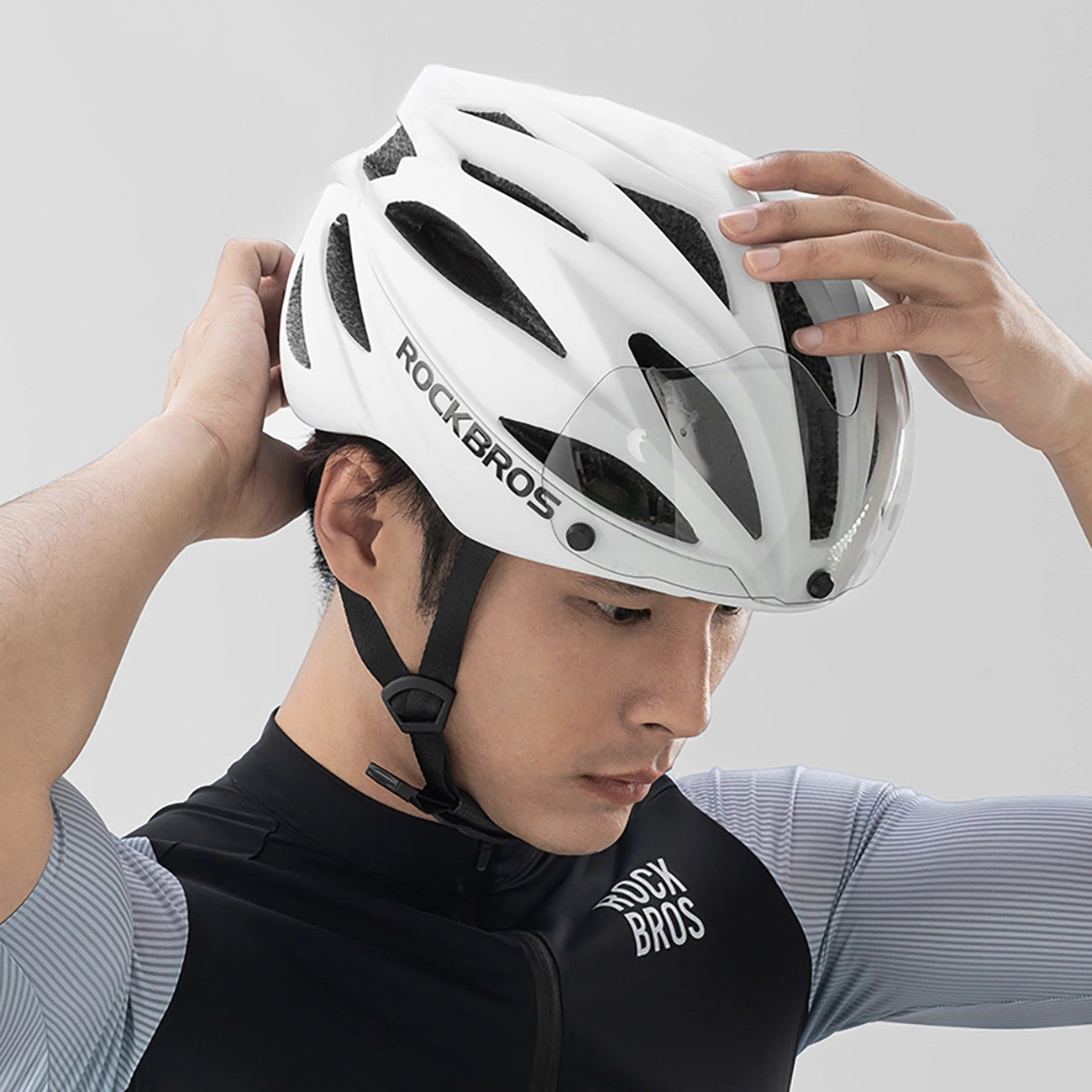 Rockbros Bike Helmet with Visor, Detachable UV Protective Goggles, Unisex, Matte - White_9