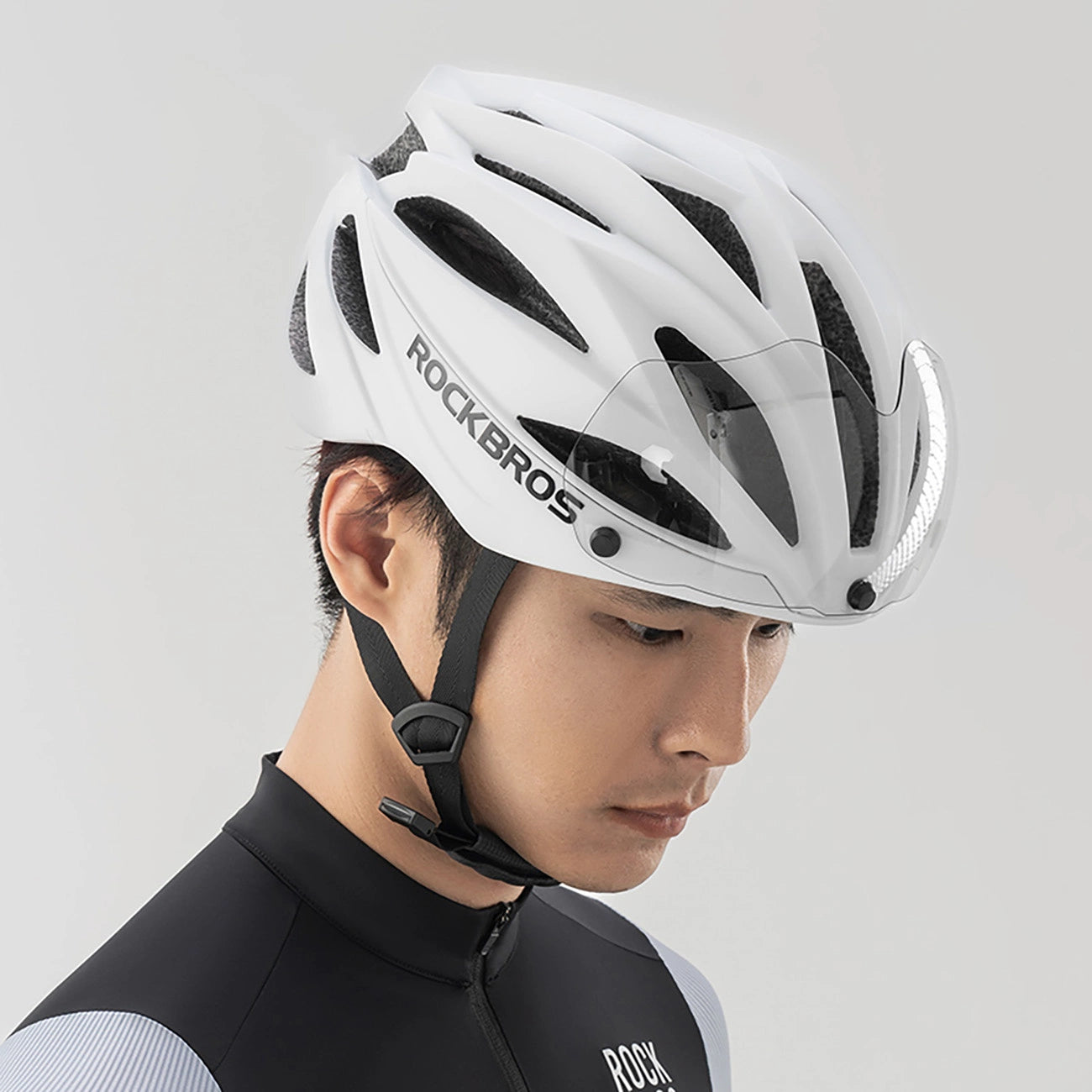 Rockbros Bike Helmet with Visor, Detachable UV Protective Goggles, Unisex, Matte - White_11