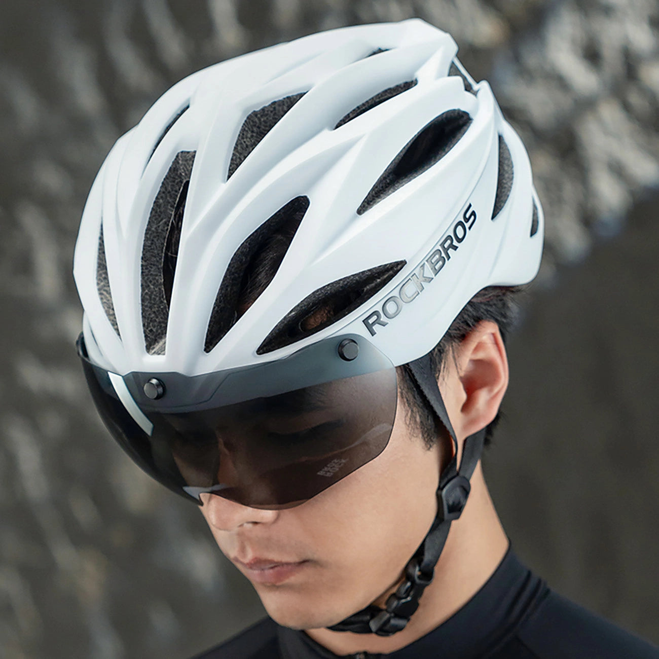 Rockbros Bike Helmet with Visor, Detachable UV Protective Goggles, Unisex, Matte - White_7