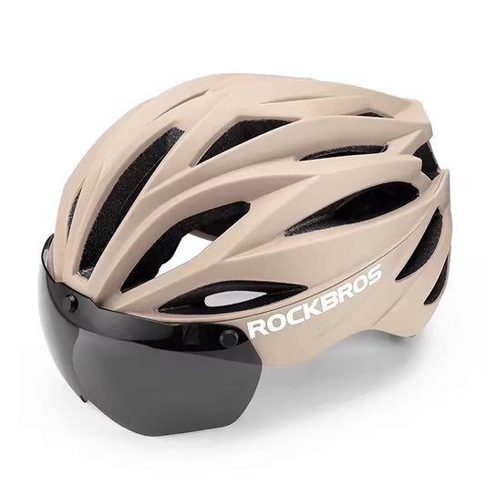 Rockbros Bike Helmet with Visor, Detachable UV Protective Goggles, Unisex - Brown_0