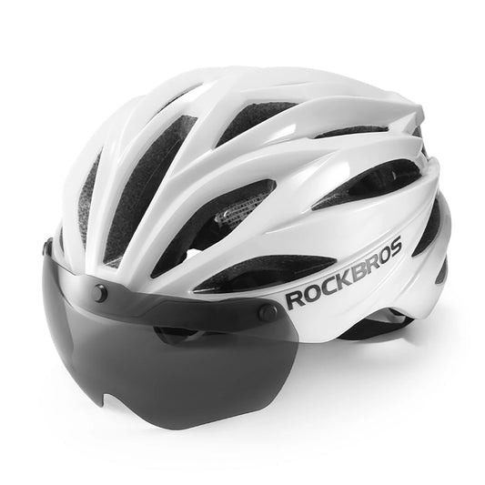 Rockbros Bike Helmet with Visor, Detachable UV Goggles, Unisex, Glossy - White_0