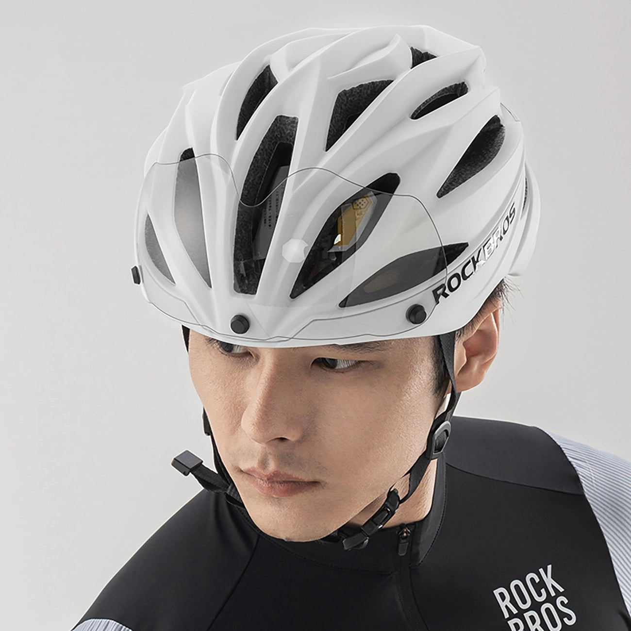 Rockbros Bike Helmet with Visor, Detachable UV Goggles, Unisex, Glossy - White_10