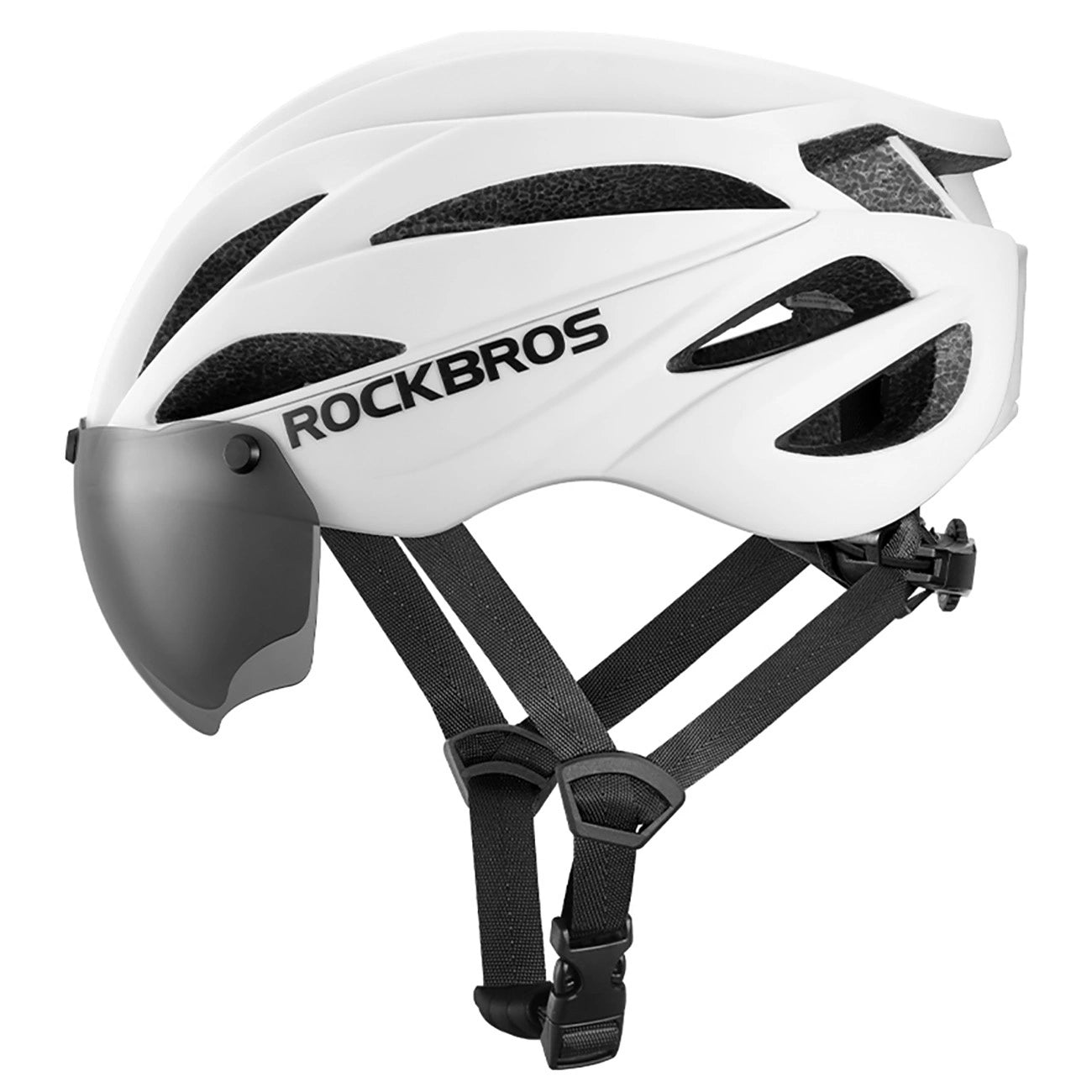 Rockbros Bike Helmet with Visor, Detachable UV Goggles, Unisex, Glossy - White_2