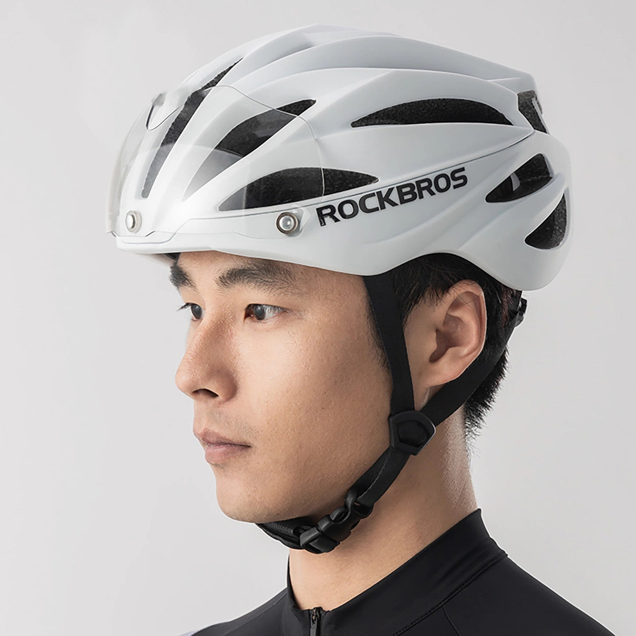Rockbros Bike Helmet with Visor, Detachable UV Goggles, Unisex, Glossy - White_8