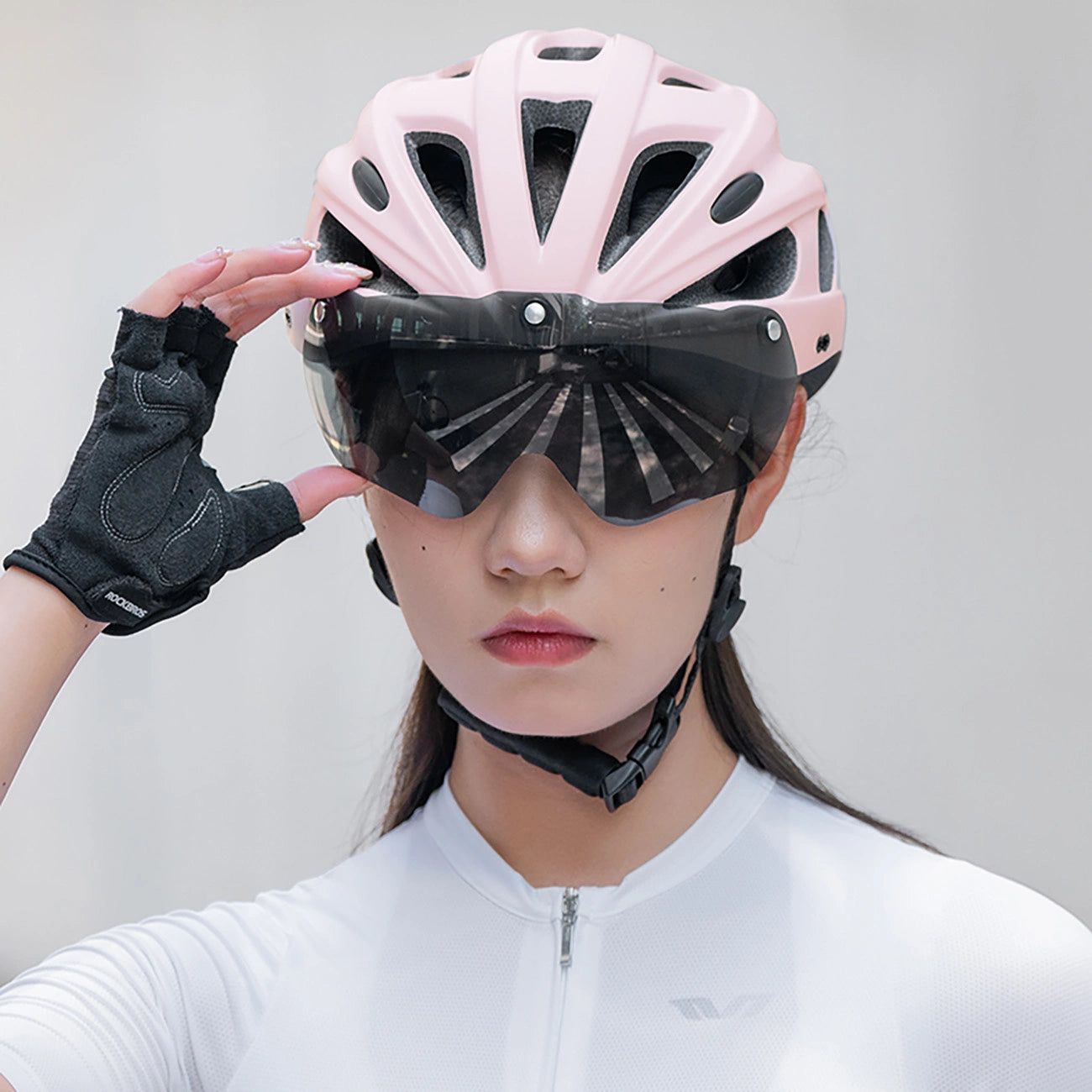 Rockbros Bike Helmet with Visor, Detachable UV Goggles, Detachable Visor, Unisex - Pink_13