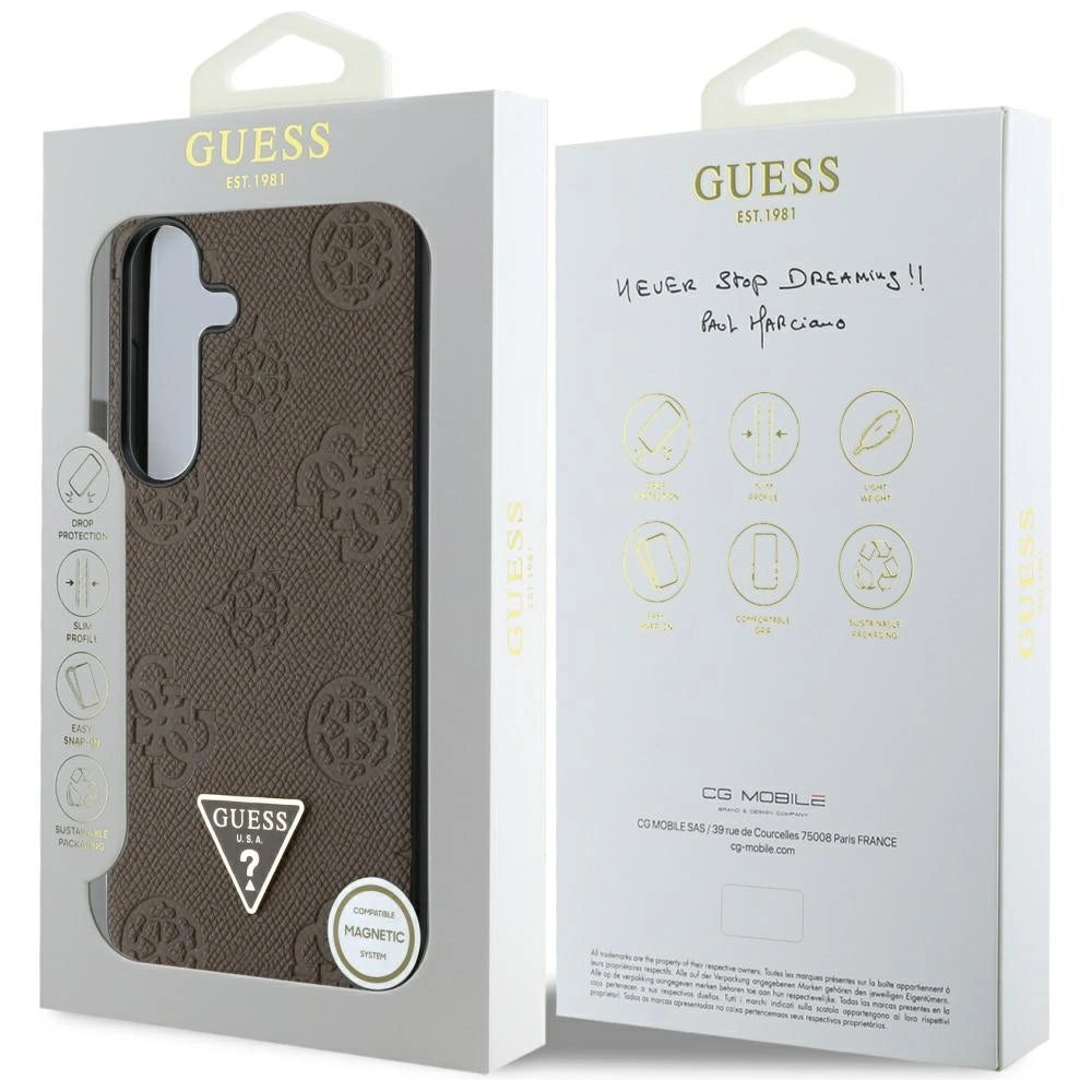Guess Grained Hot Stamp Peony Pattern Triangle Logo MagSafe Case for Samsung Galaxy S25 - Brown_7
