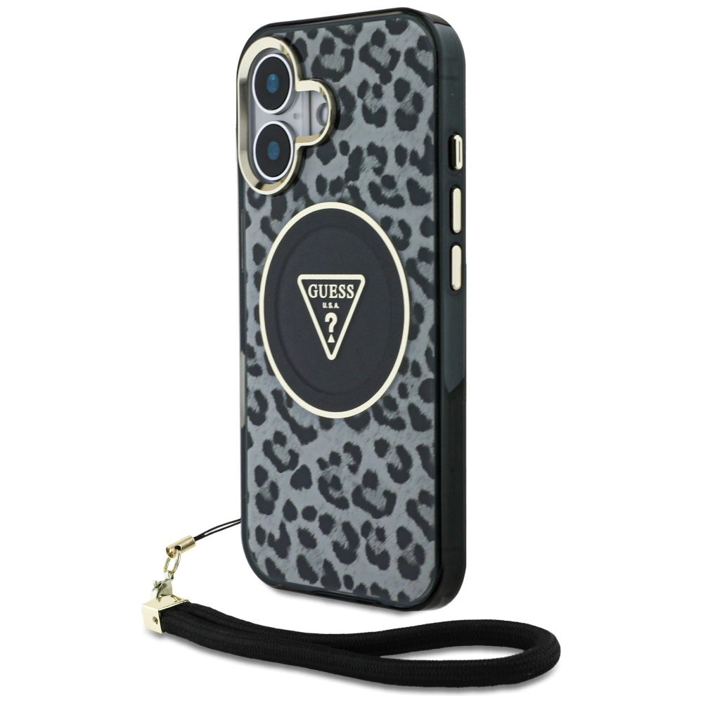 Guess HC IML Leopard Triangle Cord Strap MagSafe case for iPhone 16 - black_0