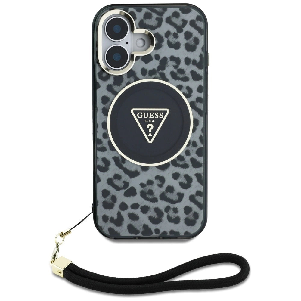 Guess HC IML Leopard Triangle Cord Strap MagSafe case for iPhone 16 - black_1