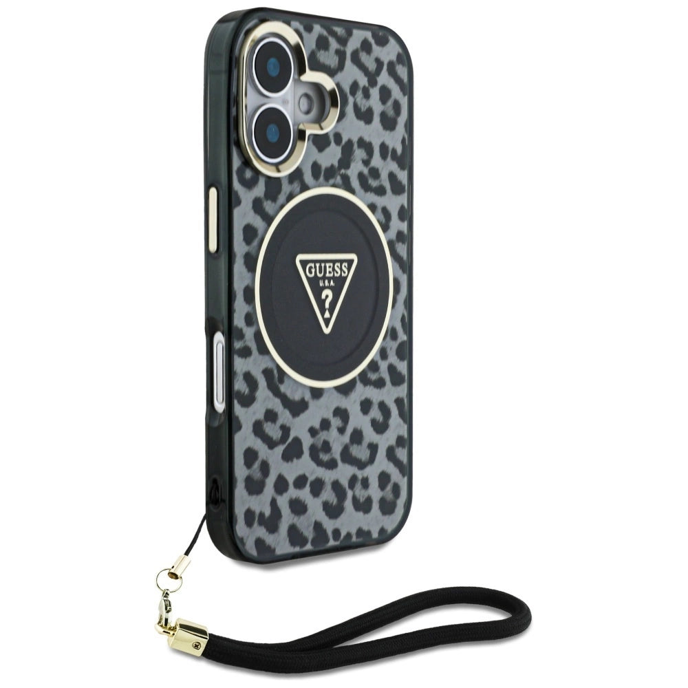 Guess HC IML Leopard Triangle Cord Strap MagSafe case for iPhone 16 - black_2