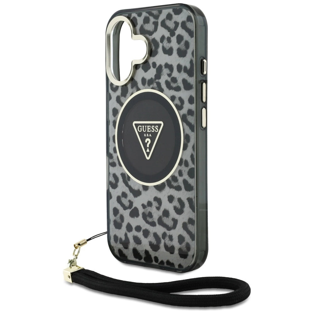 Guess HC IML Leopard Triangle Cord Strap MagSafe case for iPhone 16 - black_4