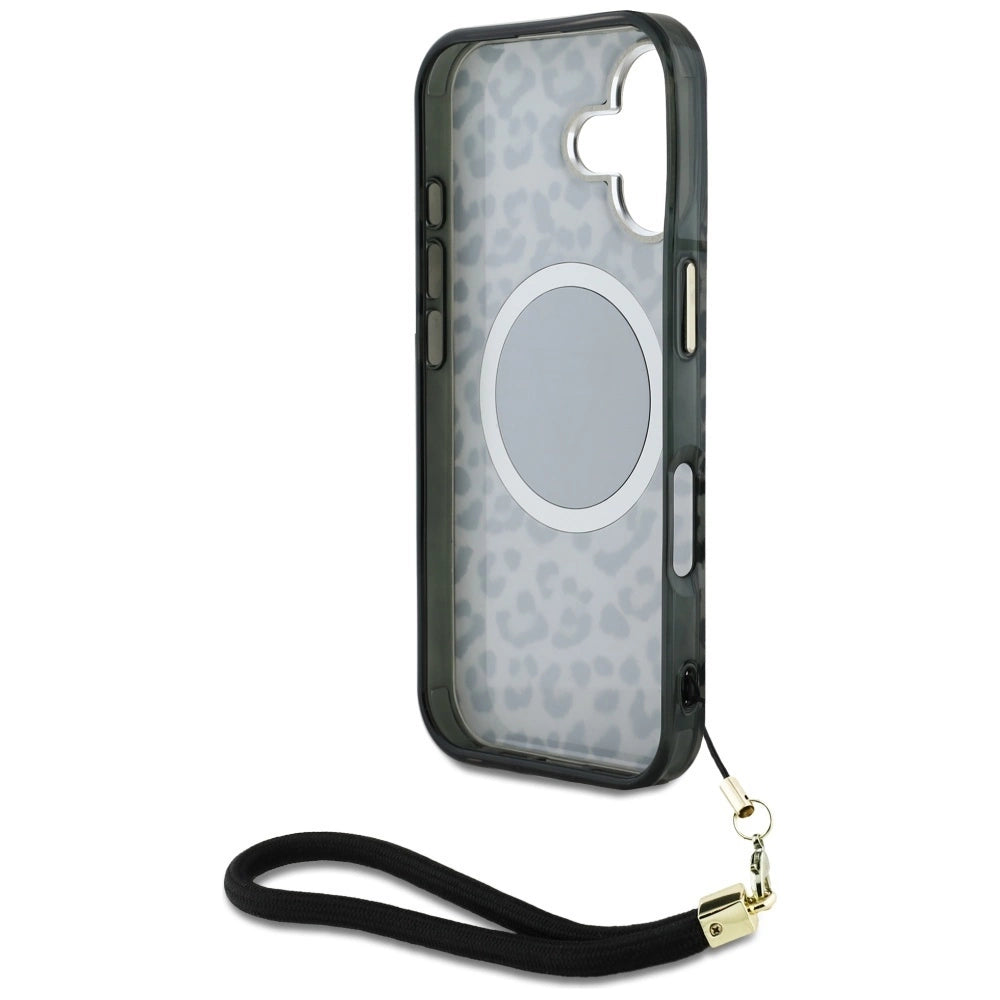Guess HC IML Leopard Triangle Cord Strap MagSafe case for iPhone 16 - black_5