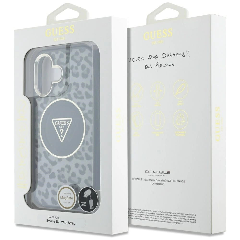 Guess HC IML Leopard Triangle Cord Strap MagSafe case for iPhone 16 - black_6