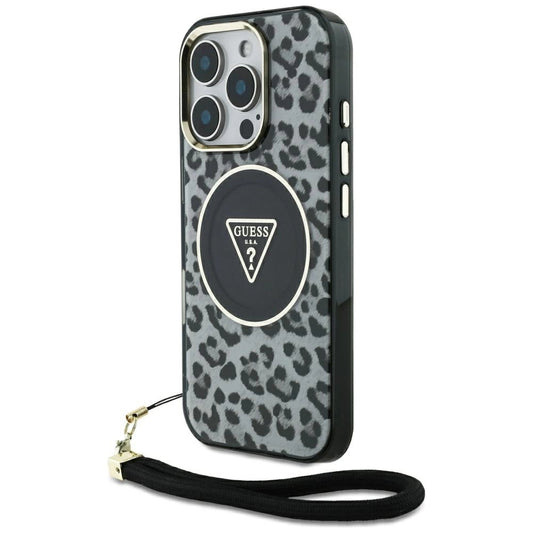 Guess HC IML Leopard Triangle Cord Strap MagSafe Case for iPhone 16 Pro - Black_0